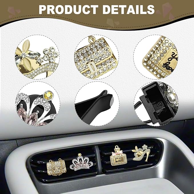 4PCS Bling Air Freshener Vent Clip, Crystal Rhinestone Heels Bag Crown Perfume Bottle Dashboard Air Vent Trim Clips, Cars Accessories Interior Decor (Gold)