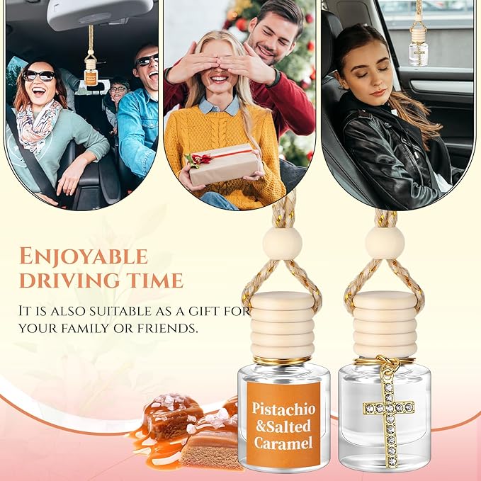 2 Pack Car Air Freshener Pistachio and Salted Caramel Hanging Essential Oil Diffuser Long Lasting Car Scent Automobile Aromatherapy with Rearview Mirror Accessories(Cross Pendant)