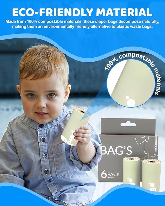 Compostable Disposable Diaper Bags Refills | 6 Rolls, 72 Leak-Proof, XL Biodegradable Baby Poop Bags | Eco-Friendly Diaper Trash Bags for Home, Travel, Pet Waste | Odor-Free,