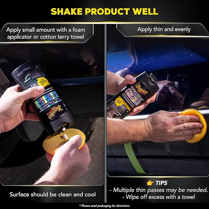 Meguiar's Ultimate Black Plastic Restorer, Durable Car Restorer for Faded Black Plastic, Vinyl, and Rubber, Restores Deep Color and Shine, for Car Guys, 12 Oz