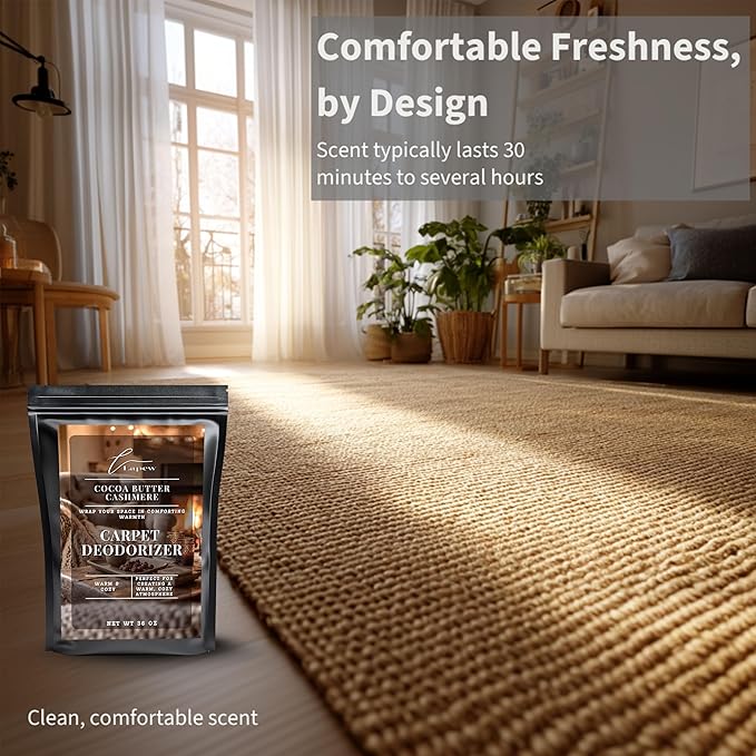 Lapew Cocoa Butter Cashmere Carpet Deodorizer Powder - Pet Safe Freshener for Vacuuming | Scented Odor Eliminator for Home | 36 oz