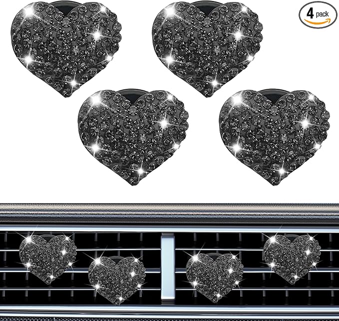 4PCS Heart-Shaped Car Vent Clip with Rhinestone, Vent Clip Car Accessories, Sparkly Rhinestone Bling Diamond Freshener Holder, Air Conditioning Outlet Ornament for Women Girls (Black, Style1)