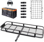 TUFFIOM Folding 500lbs Steel Hitch Mount Basket Cargo Carrier, 60"x20"x6" Trailer Hitch Cargo Carrier Luggage Rack w/Net, Waterproof Cargo Bag, 4 Straps & Stabilizer for SUV Car Truck Van
