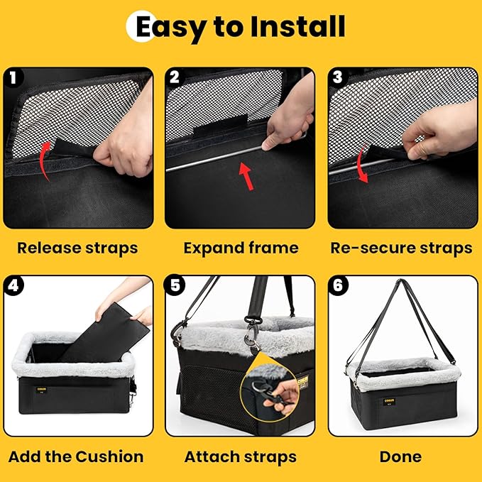 Dog Car Seat Booster for Small Pet Under 20lbs, Portable Travel Puppy Car Seat with Internal Steel Frame, Comfort Cushion & Storage Pockets, Adjustable Straps Fit Most Cars, Black