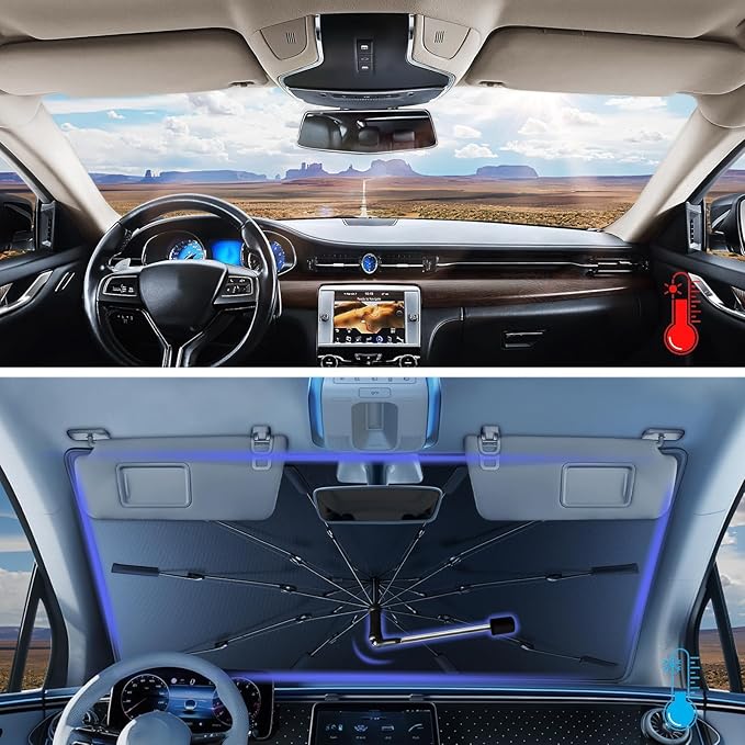 [2026 Upgrade] Windshield Sun Shade Umbrella, Scratch-Free Car Sunshade for SUVs, Foldable Automotive Interior Sun Protection | Highly UV Block Coating Auto Heat Shield Accessories(XX-Large)