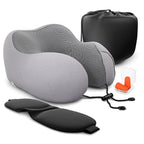 Plane Neck Pillow for Long Flights – 4-in-1 Set | Adjustable Memory Foam Gray Airplane Pillow Neck Support, Eye Mask, Earplugs, & Cover | Soft Washable Cotton Cover, Button Closure – Comfort Traveling