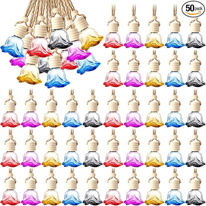 BBTO 50 Pcs Hanging Car Air Freshener Diffuser Bottles Empty Glass Perfume Bottle Pendant for Essential Oil (Colorful, Rose)