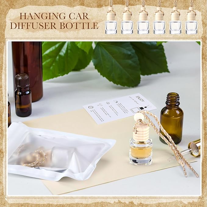 Boao 150 Sets Hanging Car Air Freshener Diffuser Bottles with Instruction Card and 4 x 6'' Resealable Holographic Bag for Empty Car Essential Oil Perfume Bottles Packaging (Cylinder)