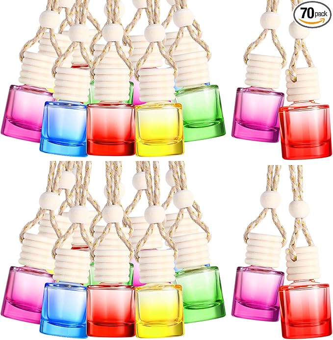 Domensi 70 Pieces Hanging Car Diffuser Air Freshener Bottle Bulk Empty Glass Refillable Perfume Bottles Oil Diffuser Aromatherapy Pendant for Auto Interior Ornaments Decor (Multicolor)