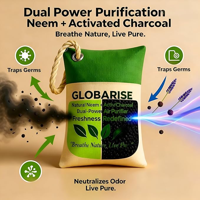 GlobaRise™ Dual Power Charcoal + Neem Odor Absorber Bags Natural Air Purifier Bags for Home, Car, Shoes & Pets | Activated Charcoal Deodorizer Eliminator | Eco-Friendly & Reusable | 100g, Pack of 6
