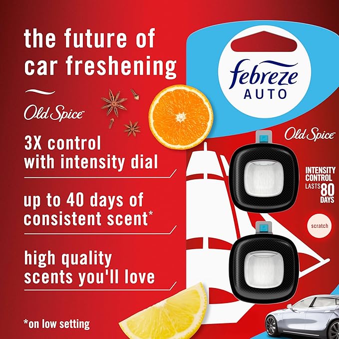 Febreze Car Air Freshener Vent Clip Old Spice Scent, .07 oz. Car Vent Clip, Pack of 4