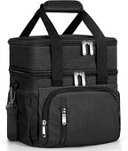 Insulated Lunch Bag for Men & Women, Double Leakproof Lunch Box Soft Cooler Tote with 5 Pockets, 600D Oxford, EVA Lining, Adjustable Strap for Work, Picnic, Beach&Travel-Black