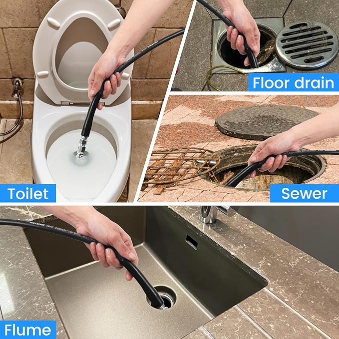 100FT Sewer Jetter Kit for Pressure Washer, 5800 PSI Water Jet Drain Cleaner Hose Corner Rotating Button Nose Sewer Jetting Nozzle 1/4 Inch NPT, Sewer Jetter Nozzles Kit with Spanner Handle Strap