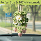 Crochet Car Air Freshener Hanging, Cute Hanging Plant for Cars, Crochet Strawberry Plant with 10ml Empty Refillable Oil Diffuser Bottle, Handmade Boho Car Ornament Charms for Rear View Mirror, Pink