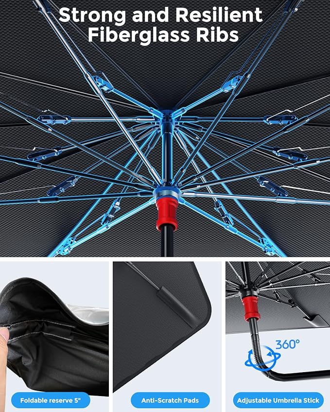 DMJN Umbrella Windshield Sun Shade - Small, Car Sunshade for Front Windshield [Nano Ice-Crystal Coatings] UPF50+ Heat & UV Block, Protect Interior & Keep Cooler Universal for Car, SUV, Truck