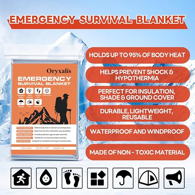 Emergency Mylar Thermal Blankets,Silver Foil Blanket Kit.Camping Heat Space Blankets for Survival,Perfect for Body Warmer in Hiking,Outdoor Traveling, First Aid (4 Pack)