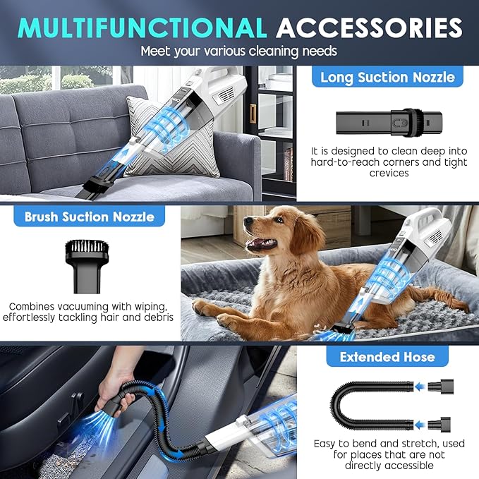 Handheld Vacuum Cordless, 15000PA Strong Suction Hand Held Car Vacuum Cleaner Portable with Multi-Nozzles & Washable Filter, Lightweight Dust Busters Rechargeable for Home, Car, Office, Pets