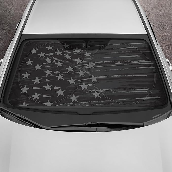 Motor Trend USA Vintage Flag Car Windshield Sun Shade for Front Window, Foldable Car Sun Shade with Patriotic Graphic, Collapsible Sun Visor Sunshade for Cars Windshield (Medium, 65 x 33 inches)