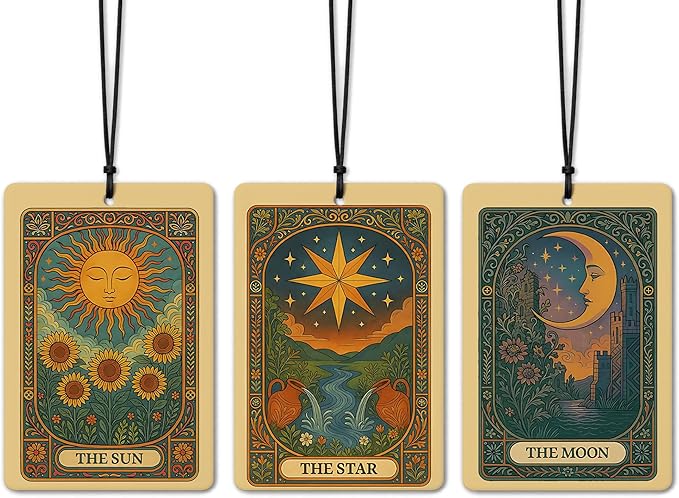Vintage Boho Witchy Tarot Card Car Air Freshener 3 Pcs, the Sun Moon Star Tarot Card Air Freshener Hanging for Cars Books Closet Drawer, Witchy Car Accessories for Women Men