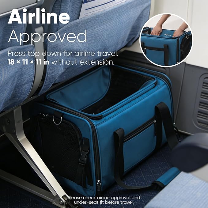 FUKUMARU Expandable Cat Carrier, 18x11x11 Soft Cat Travel Carrier, Ventilate Airline Approved Dog Carrier, Durable Small Dog Carrier with Anti-Scratch Mesh, Escape-Proof Pet Carrier for Cat, Blue