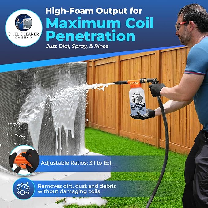 AC Coil Cleaner Cannon Sprayer - Automatic Mixing Foam Gun for HVAC Coil Cleaner - Air Conditioner Coil Cleaner for AC Unit, Evaporator & Condenser Coils - 2-Quart Bottle with Dilution Ratios + Gloves