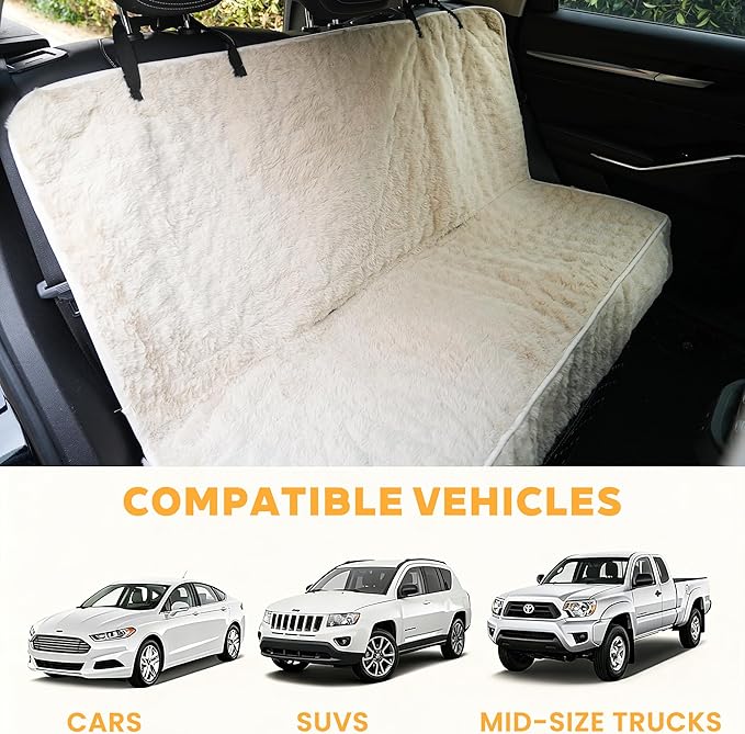 Dog Car Seat Cover for Back Seat & Front Seat, Plush Faux Fur Pet Car Seat Protector with Waterproof Layer, Non-Slip Bottom, Side Flaps, Machine Washable (Back Seat Beige)