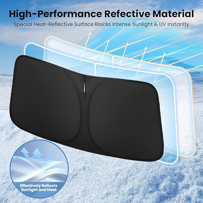 Windshield Sun Shade for Ford F-150 2021 2022 2023 2024 2025 2026 – Custom Fit Sun Shield with Mirror Cut‑Out, Blocks Heat & UV, Foldable with Storage Pouch - Ford F-150 Windshield Sunshade