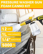 POHIR 5000 PSI Pressure Washer Gun with Foam Cannon, Sprayer Snow Foam Lance Power Washing Gun, 1/4 Inch Quick Connector with Nozzle Tips (Gun+Foam Cannon+Nozzle)