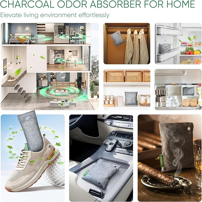 Activated Charcoal Odor Absorber,6 Pack Nature Odor Eliminator for Shoes, Bamboo Charcoal Air Purifying Bags,Shoe Deodorizer for Fresh Sneakers,Shoe Smell Remover