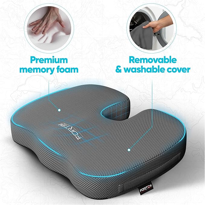 FORTEM Seat Cushion, Office Chair Cushion, Desk Chair Memory Foam, Sciatica Coccyx Tailbone Pain Relief, Pressure Relief, Sitting Pad, for Long Gaming & Sitting, Washable Cover, Non Slip, XL