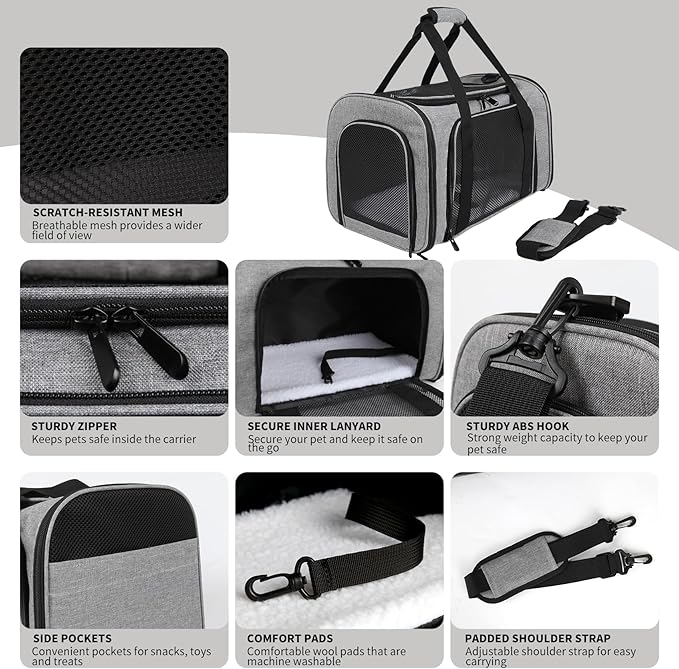 Carriers Soft-Sided Pet Carrier Case for Small Medium Cats Dogs Puppy Under 15 lbs,Airline Approved Cat Carrier with 4 Ventilated Windows (Medium,Grey&Black)