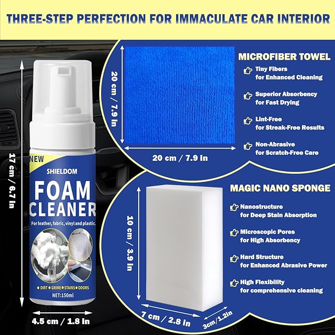 Multifunctional Car Interior Foam Cleaner Cars Seat Cleaner Multi Purpose Foaming Deep Cleaning for Auto and Home Remove Stain from Leather, Fabric, Carpet, Upholstery and Plastic - 5oz/150ML