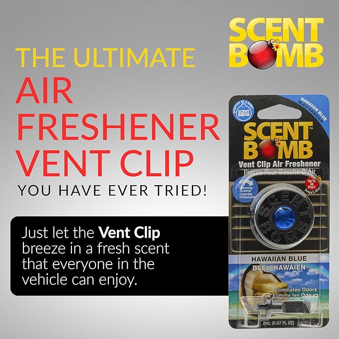 Scent Bomb Car Air Freshener Vent Clip – Long-Lasting Fragrance, Easy Clip-On Design for Freshness On-the-Go, Ideal for Cars, Trucks & SUVs – Keeps Your Vehicle Smelling Fresh (Hawaiian Blue, 3 Pack)