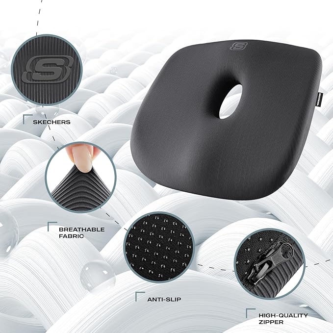 Skechers Seat Cushion Memory Foam,Donut Pillow Office Chair Cushion for Tailbone Pain Relief,Butt Pillow for Office Chair,Car seat Cushion,Long Sitting Office Workers,and Car Drivers,Black