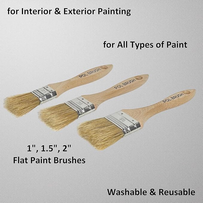 Set of 3 1, 1.5, 2 Inch Flat Paint Brushes - High European Quality - Natural Bristles - for Home, Wood, Walls, Art, Trim & Furniture - for Acrylic, Oil, Stain, Chalk & Latex Paints