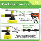 Foam Cannon Dual Connector Accessory for Pressure Washer, Double Tip Attachment Soap Cannon with Replacement Adapter for Portland Husky and Ryobi Power Washer, 1/4" Quick Connect, 5 Nozzles