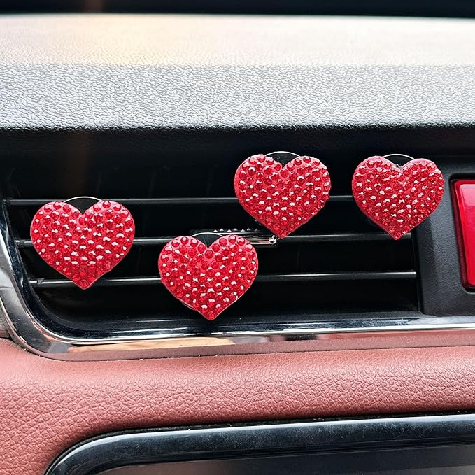 Crystal Heart Car Air Vent Clips, Sparkly Rhinestone Bling Diamond Auto Freshener Holder 4 Pack with Fragrance (Red, Ocean)