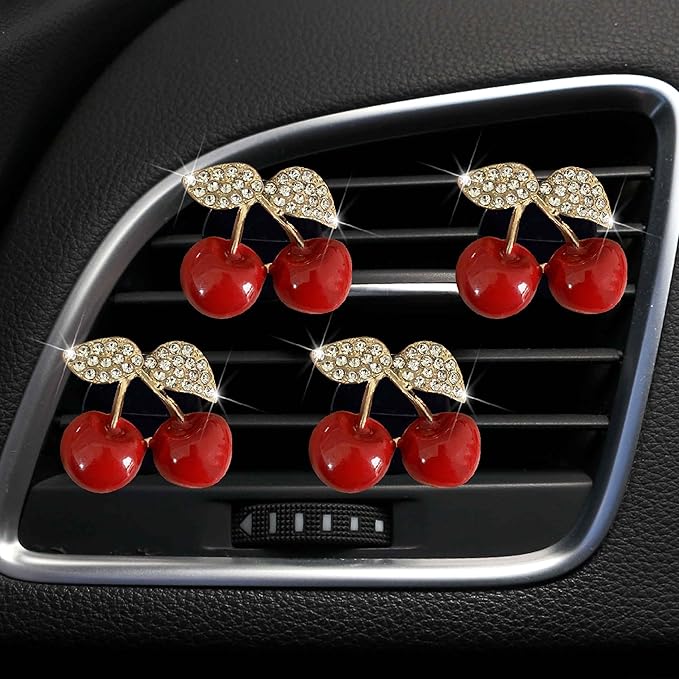 4Pcs Cherry Car Air Vent Freshener Perfume Clip, Rhinestone Air Outlet Fragrance Perfume Clip Freshener, Car Decor（Cherry Flavour）