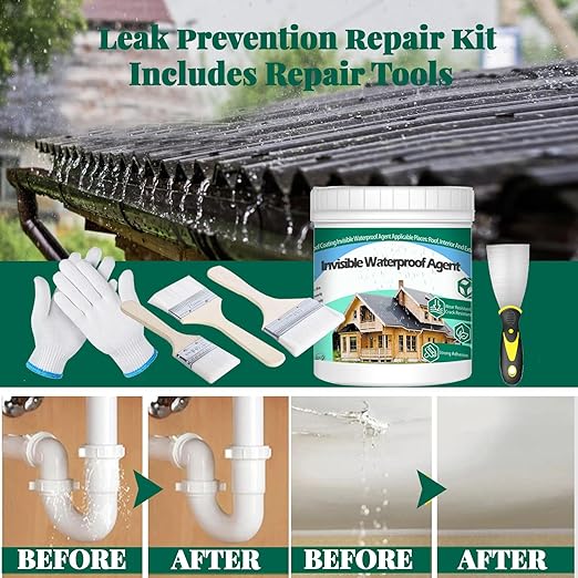 1Kg/35.3Fl.oz Invisible Waterproof Agent Indoor&Outdoor Waterproof Coating Set Transparent Liquid Sealant with Wooden Brush Resistant Work Gloves Putty Shovel Cut
