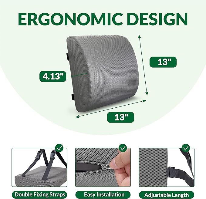 Lumbar Support Pillow for Office Chair and Car,Back Support for Office Chair,Charcoal Memory Foam Back Cushion with Breathable Mesh Cover,Double Adjustable Straps,Grey