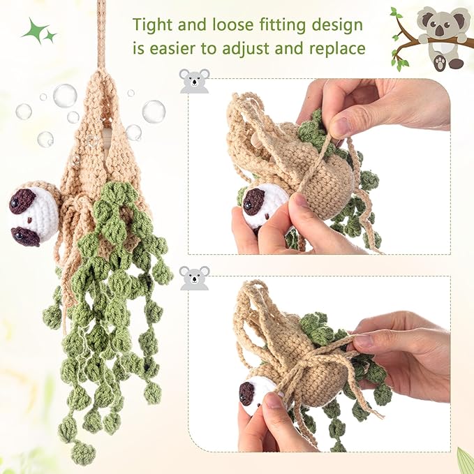 Cute Crochet Plant Car Freshener 12ml Empty Refillable Diffuser Bottle with Plants Hanging Accessories for Rearview Mirror Home Office Decor Women Mother's Day Gifts(Sloth)