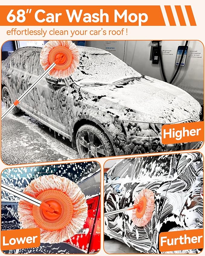 68" Car Wash Brush with Long Handle, 2 in 1 Car Wash Brush Kit, Chenille Microfiber Car Wash Mop with Replacement Head, Car Washing Kit for Cars RV Truck Exterior
