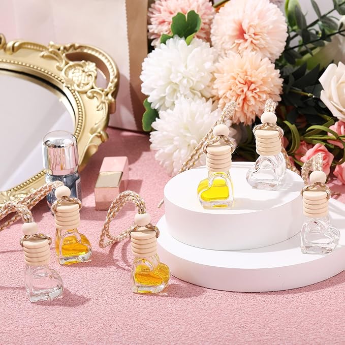 100 Sets Car Diffuser Bottles Empty Bulk Hanging Car Air Freshener Diffuser Bottles Glass Perfume Holder with Instruction Cards for Essential Oil Wedding Bridal Birthday Gifts (Heart)