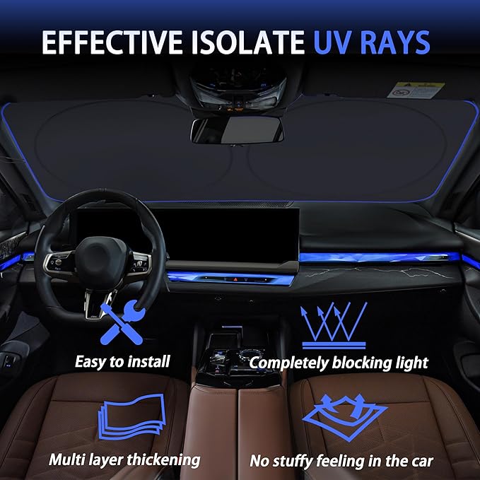 MORNYRAY Car Windshield Sun Shade，Reflector Sunshade Offers Ultimate Protection for Car Interior，Cool Reflective Sun Blocker，Foldable Car Interior Accessories (Black, Large),(69 inches x 35 inches)