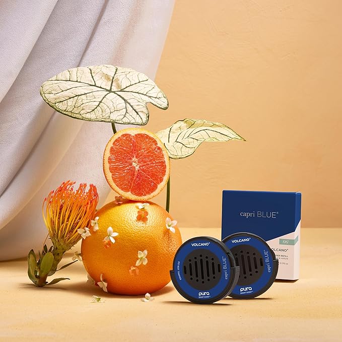 Capri Blue Pura Car Diffuser Refills - Includes 2 Car Air Freshener Pura Scent Diffusers - Long Lasting Air Freshener - Refills Only - Notes of Sugared Citrus & Tropical Fruits (Volcano, 2 Pack)