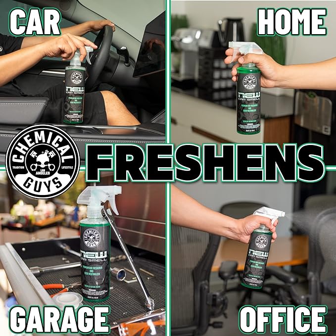 Chemical Guys New Car Scent Air Freshener and Odor Eliminator, 16 fl oz with 3 Pack of Hanging Air Fresheners (Great for Cars, Trucks, SUVs, RVs, Home, Office, Dorm Room & More) - HOL459