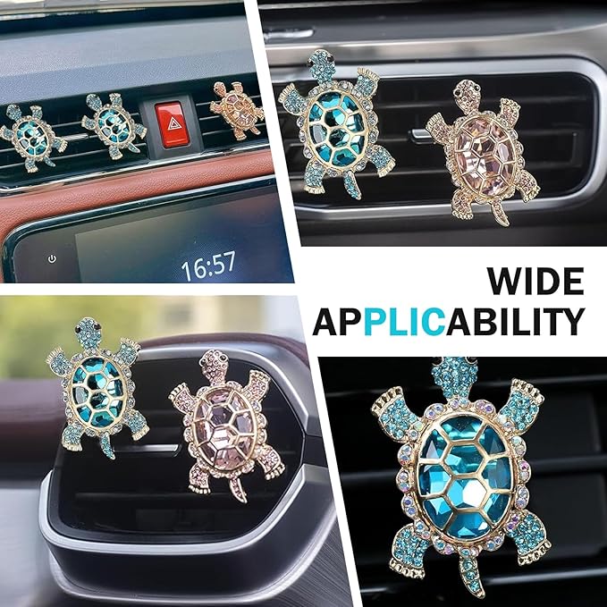 Turtle Car Accessories, Cute Turtle Air Fresheners Diffuser Vent Clip, Crystal Rhinestone Auto Air Conditioning Outlet Clip, Sea Turtles Car Decorative for Women (Blue, 2PCS)