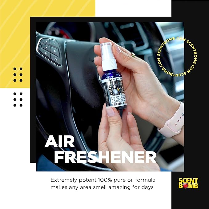 Scent Bomb Air Freshener Bundle - 1 oz & 8 oz Bottle Sprays, Vent Clip, Organic Cans, Hanging Circle - Continuous Freshness & Long-Lasting Odor Eliminator for Car, Home, Bathroom - Clean Cotton
