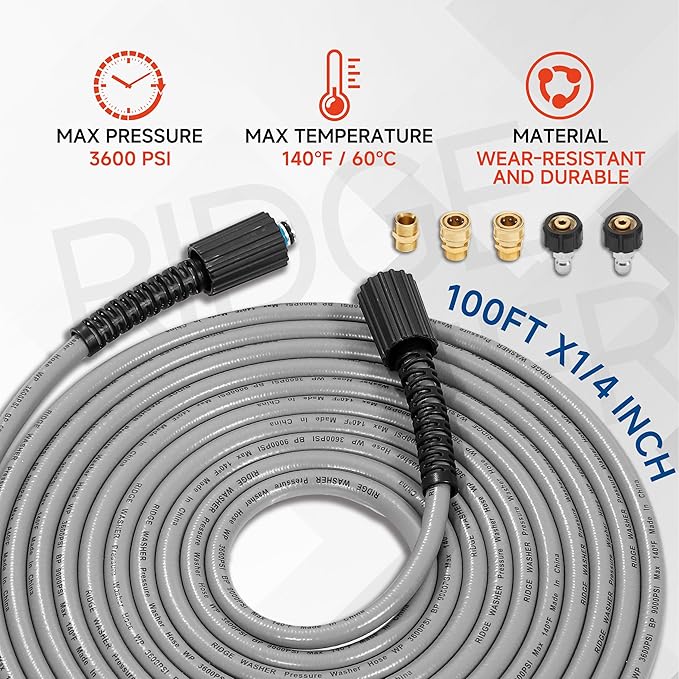 RIDGE WASHER Pressure Washer Hose 100FT, 1/4 Inch Power Washer Hose with M22 14 Fitting, Kink Resistant Hoses Replacement’s Applied for Most Pressure Washer Accessories, 3600 PSI
