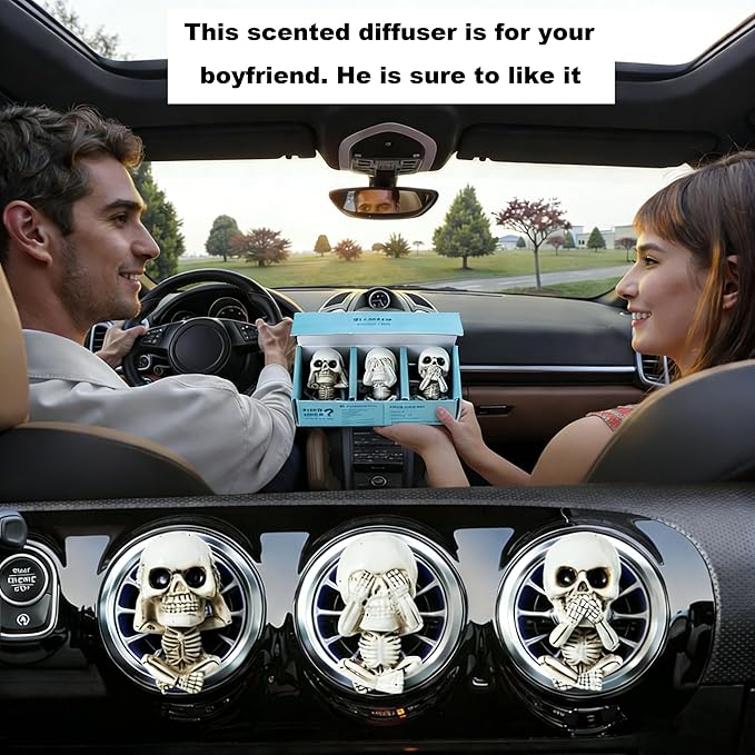 Skull Car Air Freshener Vent Clips with 3 Felt Pads - Gothic Horror Scented Decor for Car Interior, Cool Halloween Skull Accessories for Men and Women, Funny Spooky Gift for Teens-A1
